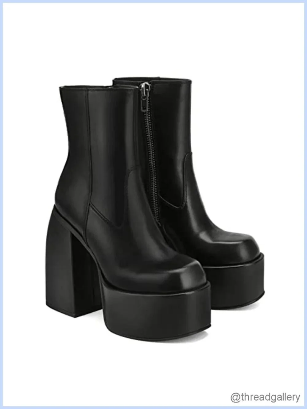 PU Leather Chunky High Heel Square Toe Side Zipper Platform Ankle Boots